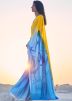 Blue & Yellow Printed Satin Saree