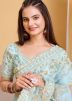 Blue Thread Embroidered Saree In Net