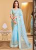Blue Thread Embroidered Saree In Net