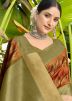 Orange Printed Work Art Silk Saree
