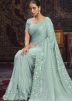 Turquoise Thread Embroidered Saree In Georgette