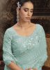 Turquoise Thread Embroidered Saree In Georgette