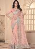 Peach Thread Embroidered Net Saree 