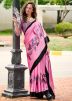 Pink Leaf Print Satin Saree