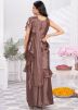 Brown Readymade Ruffled Satin Saree With Blouse