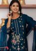 Teal Blue Thread Work Readymade Pant Suit