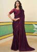 Wine Embroidered Border Saree In Shimmer