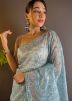 Grey Thread Embroidered Net Saree