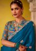 Blue Thread Embroidered Saree In Silk
