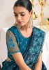 Blue Thread Embroidered Silk Saree
