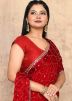 Red Handwork Saree In Jacquard