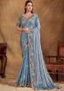 Blue Sequin Work Saree In Satin