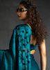 Teal Blue Applique Work Satin Saree