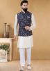 Off White Readymade Kurta Pajama With Printed Jacket