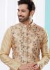 Beige Readymade Kurta Pajama Set With Printed Jacket