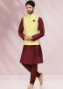 Maroon Readymade Kurta Pajama & Printed Jacket