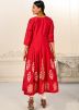 Red Flared Style Printed Cotton Kurta
