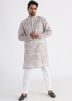 Off White Printed Mens Kurta Pajama Set