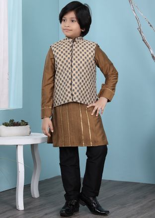 Readymade Brown Pleated Kurta Pyjama With Jacket