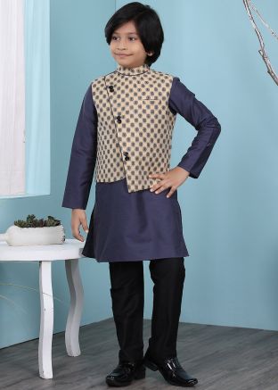 Blue Kids Kurta Pajama With Nehru Jacket