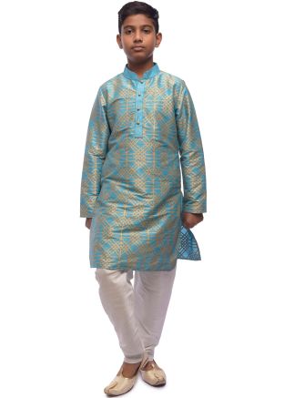 Turquoise Woven Kids Kurta Churidar Set