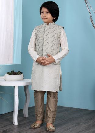 White Kids Readymade Kurta Pyjama In Cotton