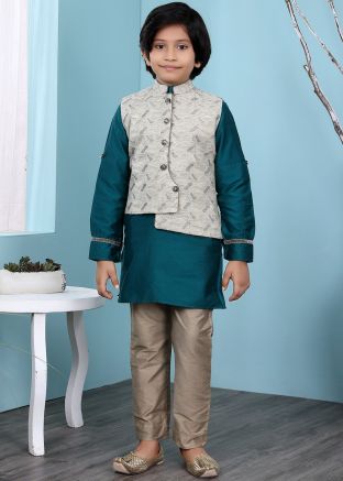 Blue Cotton Readymade Kids Kurta Pajama With Jacket