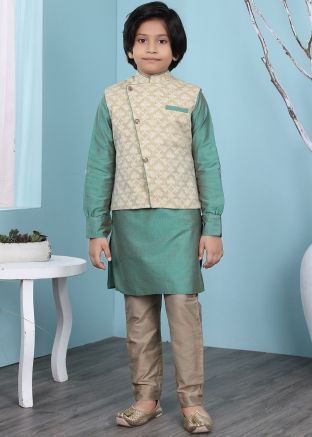 Readymade Green Kids Kurta Pyjama With Nehru Jacket