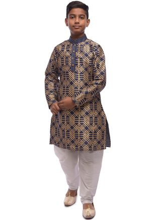 Navy Blue Woven Kids Kurta Churidar Set