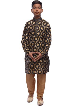Black Woven Readymade Kids Kurta Churidar 