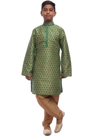 Green Woven Kids Kurta Churidar Set