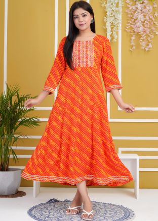 Orange Leheria Print Rayon Kurta