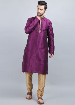 Purple Embroidered Mens Kurta Pajama Set