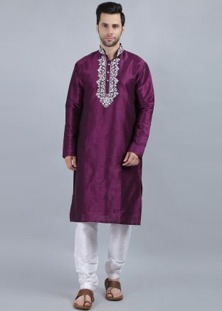 Purple Mens Embroidered Kurta & Pajama