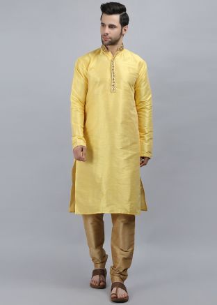 Yellow Embroidered Mens Kurta & Pajama