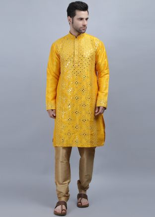 Yellow Mirror Emebllished Kurta & Pajama