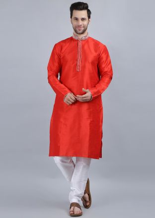Red Embroidered Kurta Pajama In Dupion Silk