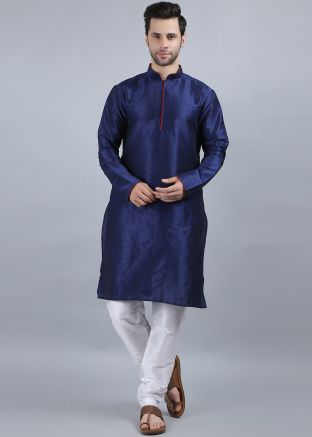 Navy Blue Plain Mens Kurta Pajama