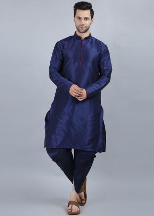 Navy Blue Plain Dhoti Kurta In Dupion Silk
