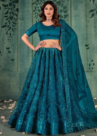 Blue Sequin Work Lehenga Choli In Net