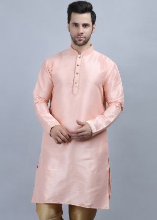 Peach Mens Kurta In Dupion Silk