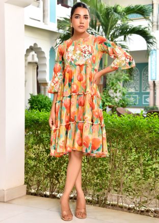Orange Floral Print Dress In Cotton