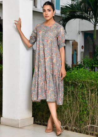 Grey Floral Print Dress In Cotton