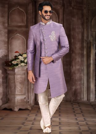 Purple Embroidered Overlapped Indo Western Sherwani