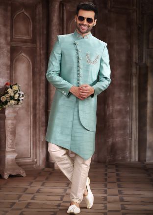 Green Embroidered Indo Western Sherwani For Men