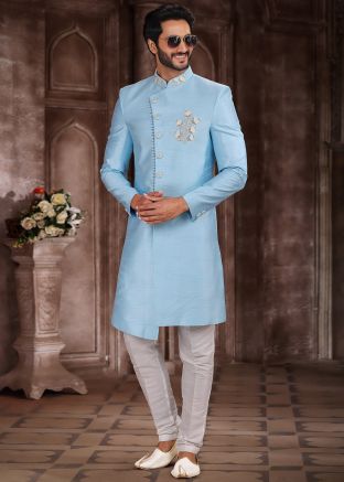 Blue Asymmetric Embroidered Indo Western Sherwani Set