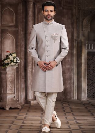 Grey Embroidered Indo Western Sherwani