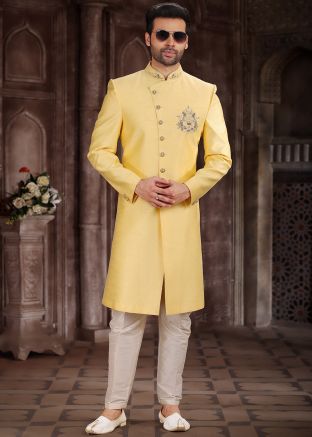 Yellow Readymade Embroidered Indo Western Sherwani