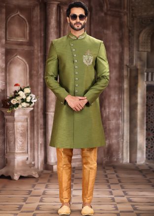 Green Embroidered Mens Indo Western Sherwani