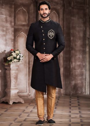 Black Asymmetric Embroidered Indo Western Sherwani